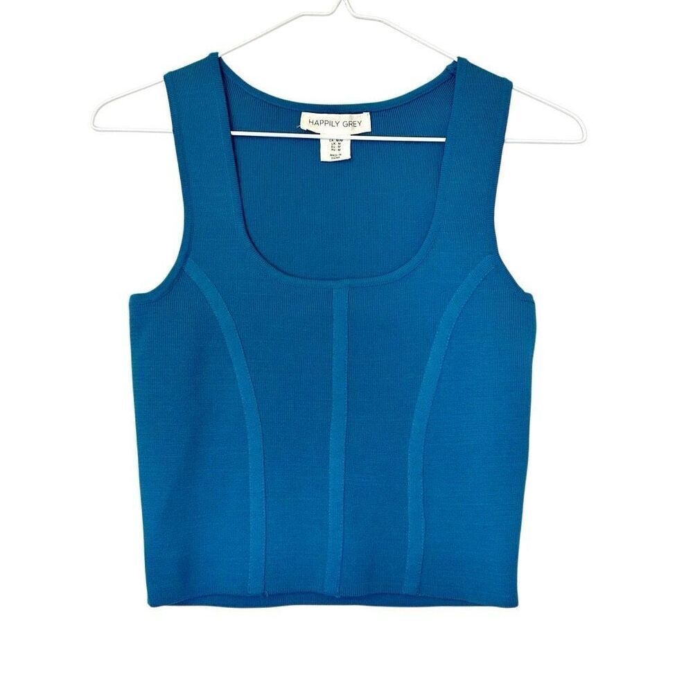 Happily Grey Square Neck Knit Pullover Cropped Tank Top Blue Medium